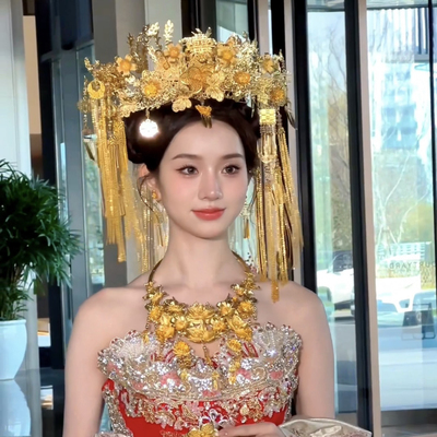 新娘秀禾头饰金色凤冠头饰新娘头冠大冠中式旗袍结婚秀禾服头饰品