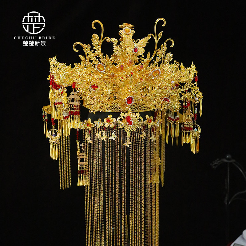 中式汉服头饰2026新款金色凤冠高级奢华凤冠霞帔发饰复古秀禾配饰