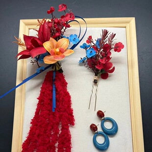 新中式新娘发饰手工花朵绒线红色系发夹国风礼服旗袍裙头饰品配饰