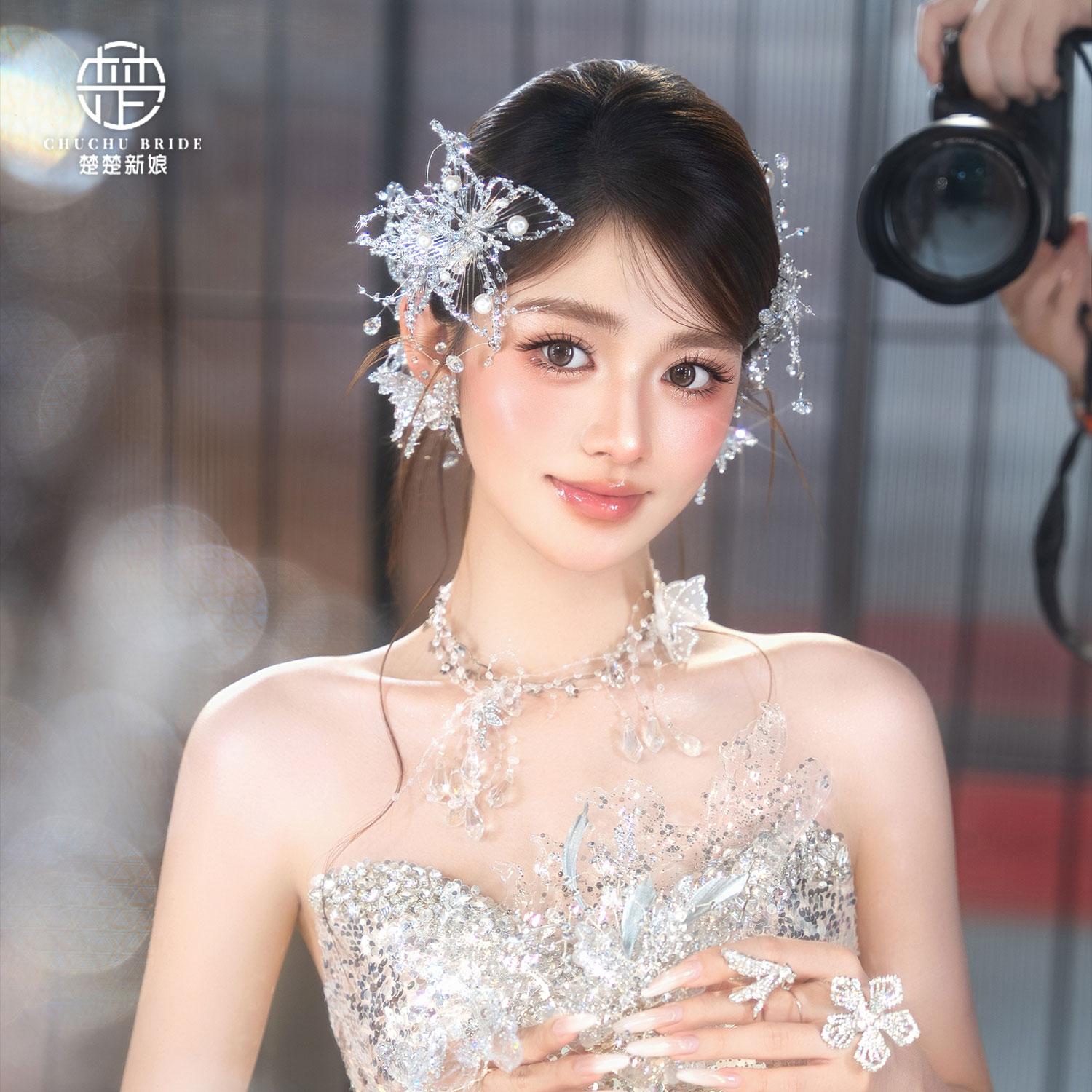 日韩风水晶串珠蝴蝶新娘发夹