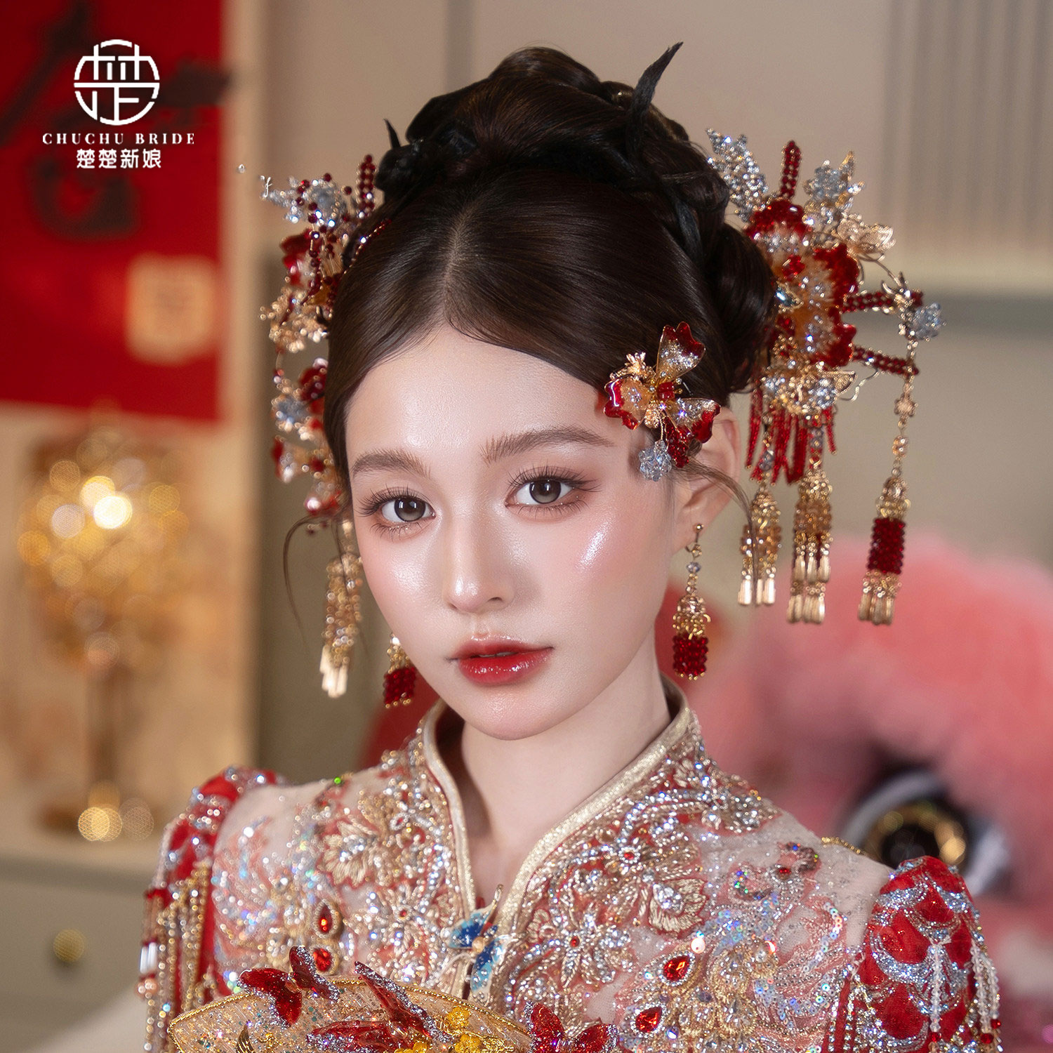 新中式新娘金红花朵水晶步摇发饰