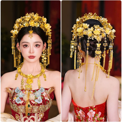 新娘结婚头饰金色凤冠减龄小巧中式秀禾服头饰古风龙凤褂后冠发饰