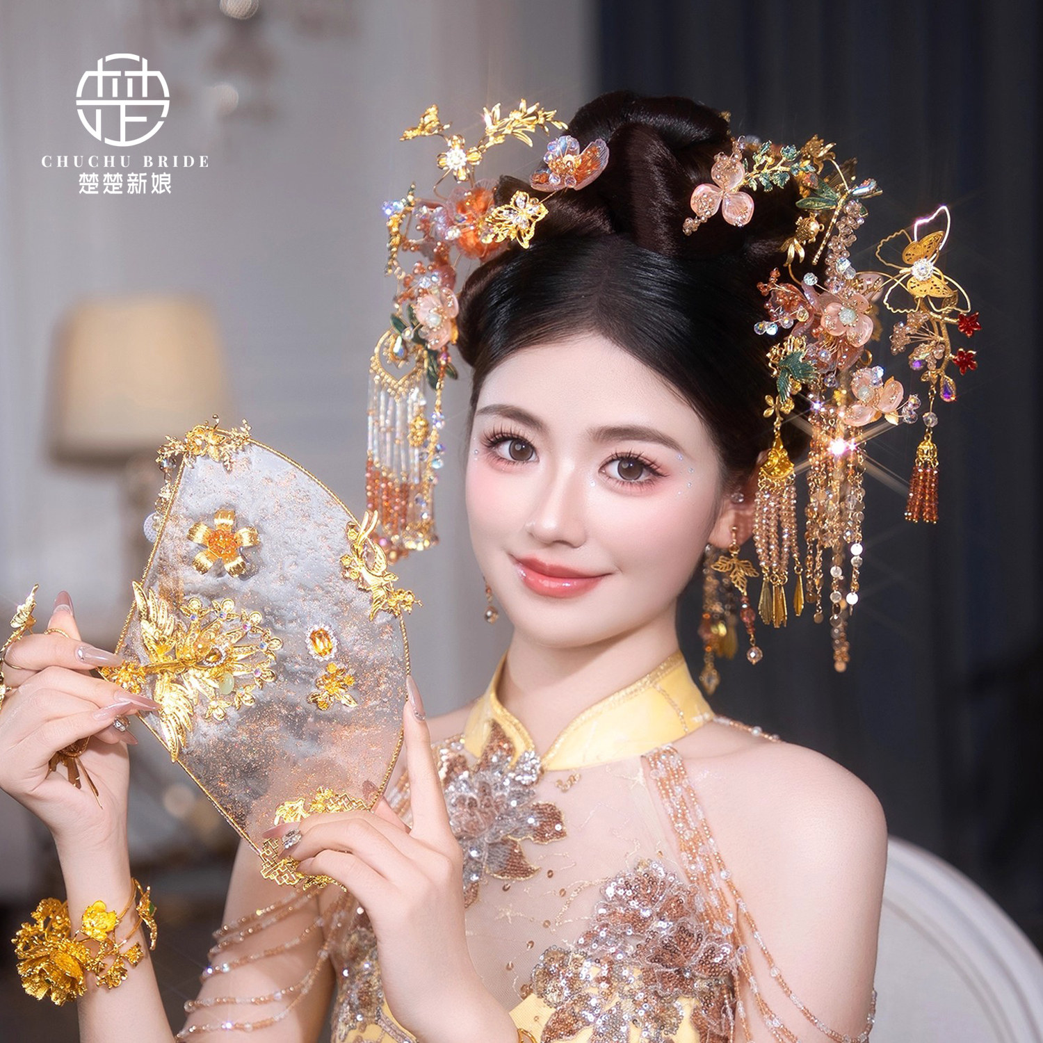 2025新款秀禾头饰新娘新中式金色结婚对簪龙凤褂简单大气发饰