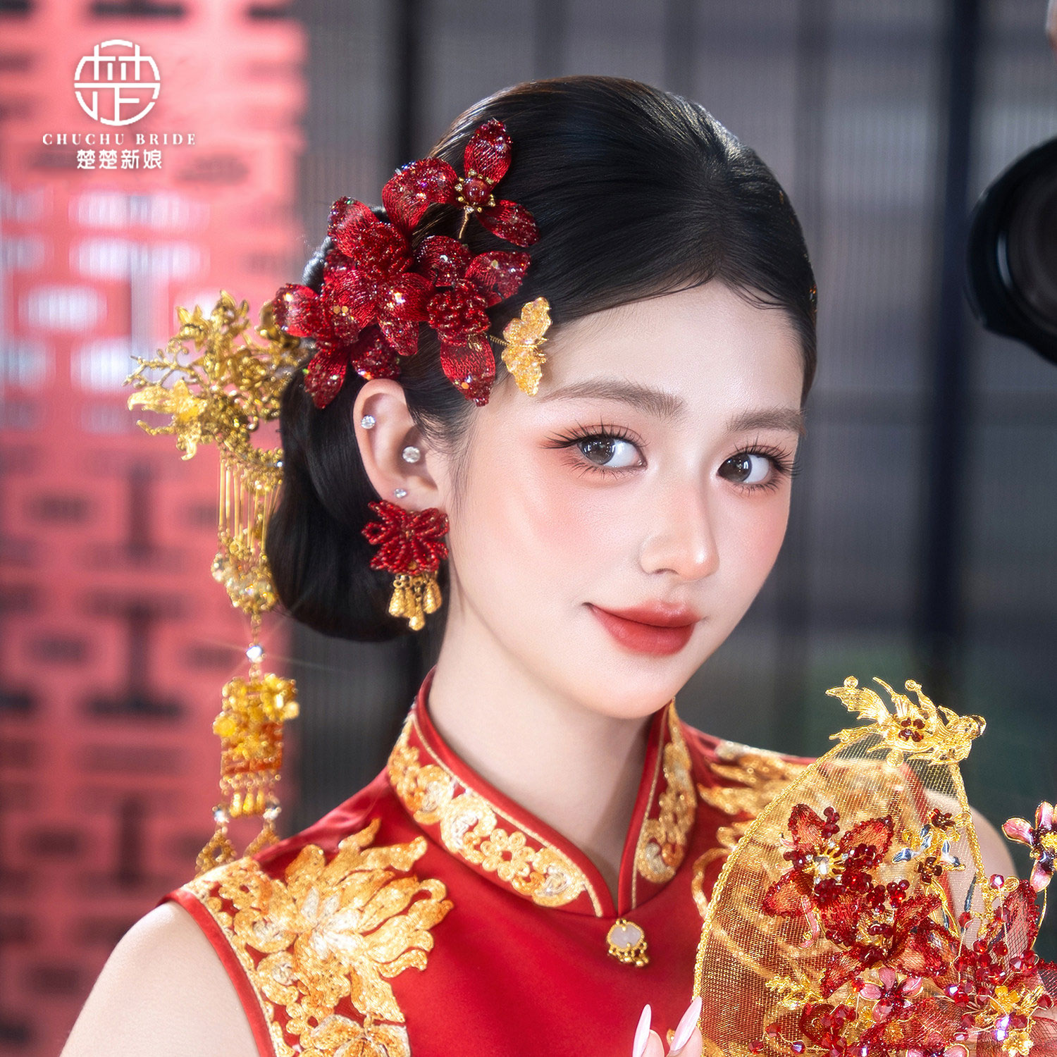 中式新娘红色花朵流苏发簪图片