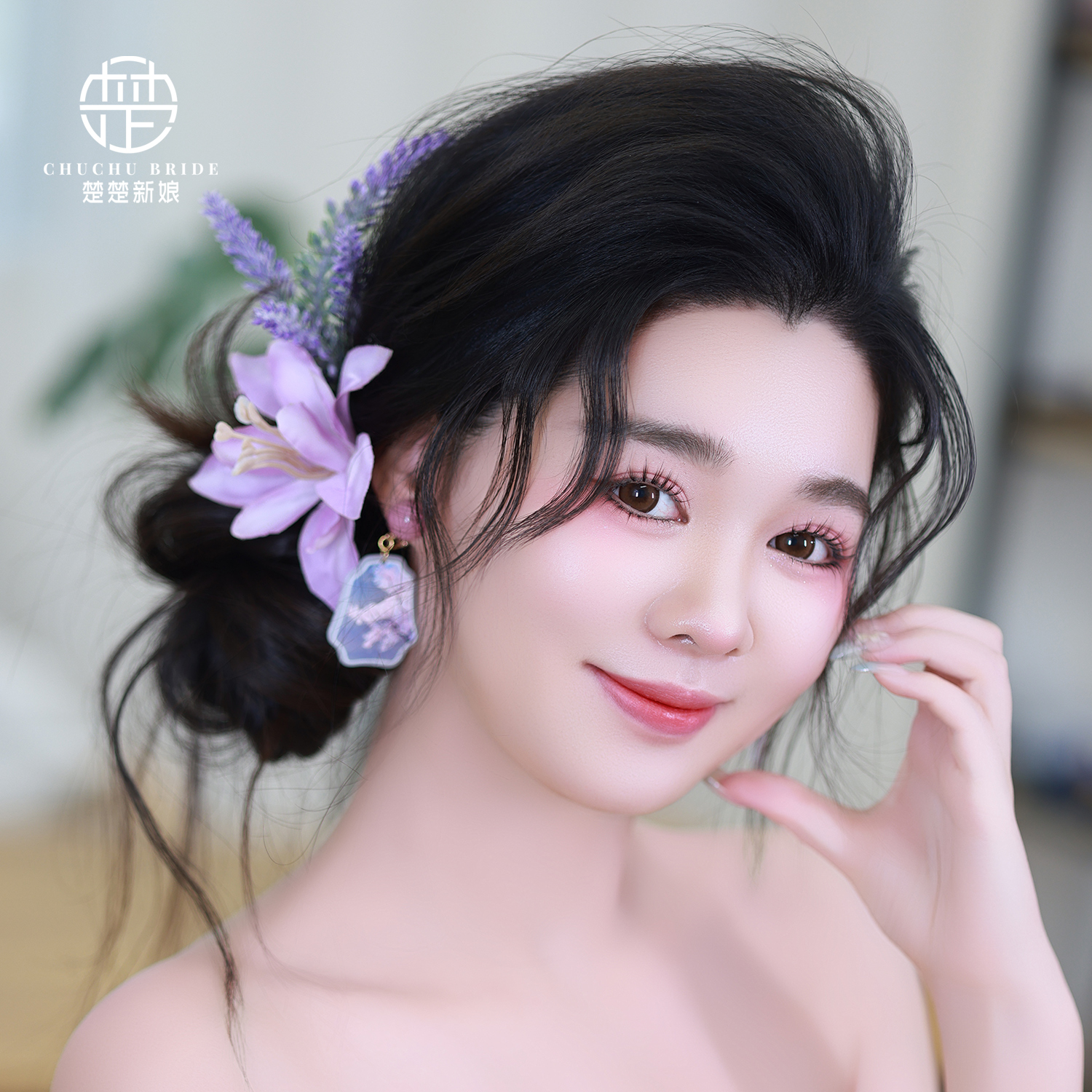 新款新中式新娘头饰紫色仿真花朵耳环结婚礼服旗袍晨袍汉服发饰品