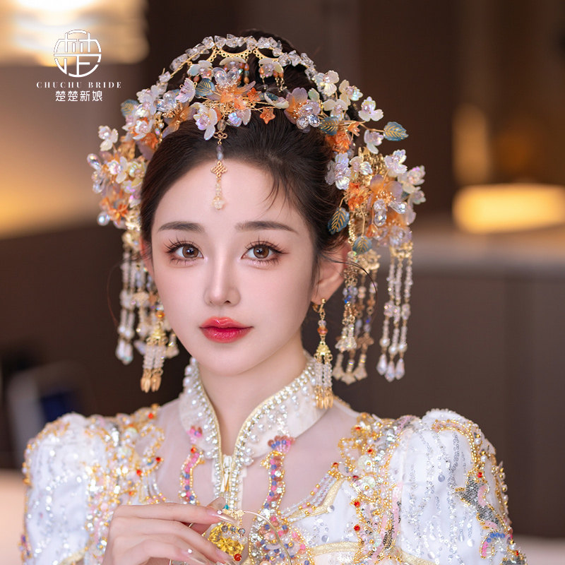 奢华水晶古装头饰复古中式花朵凤冠头饰新娘结婚秀禾汉服浅色发饰