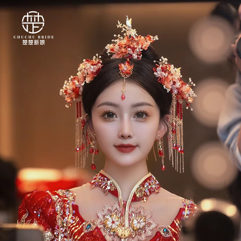 新中式秀禾头饰2025新款大气古风新娘发饰秀禾服婚纱礼服配饰红色