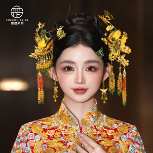 2026新款金色花朵发簪步摇简约精致凤钗龙凤褂汉服秀禾服头饰结婚