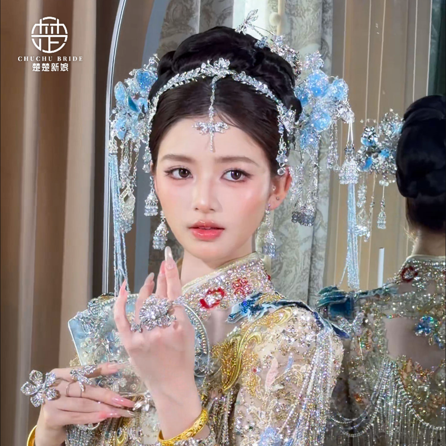 中式复古新娘手工水晶蝴蝶凤钗