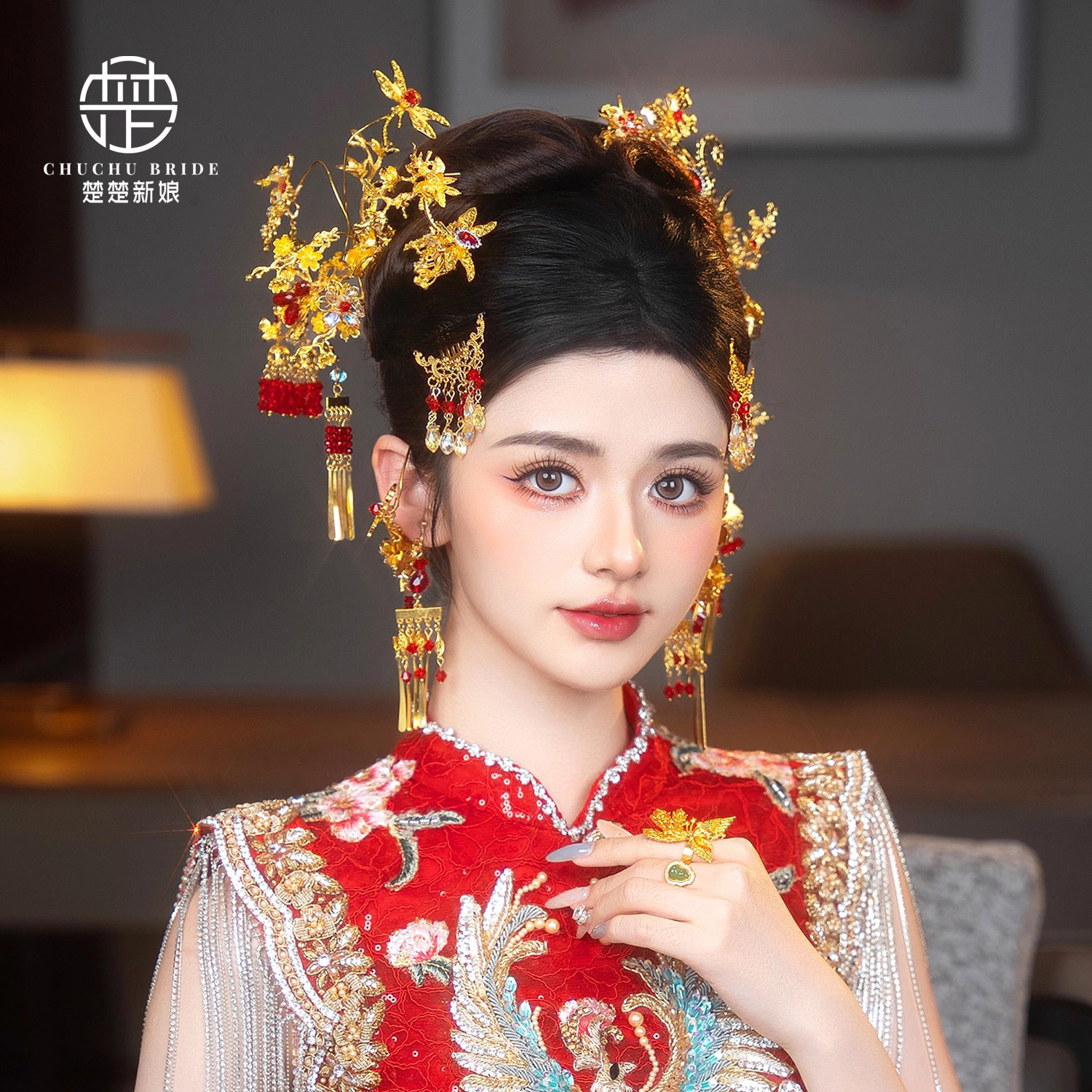 新娘头饰红金色发簪古典婚庆饰品