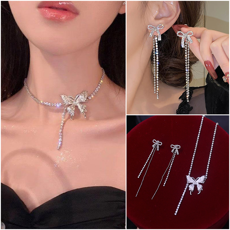 2025蝴蝶闪钻轻奢精致小众设计新款潮流高级感锁骨链颈链耳环套装