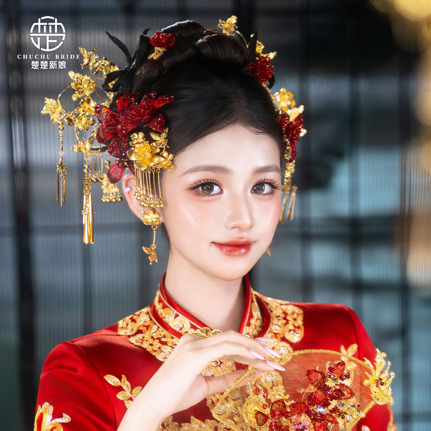 新中式复古金红新娘秀禾头饰