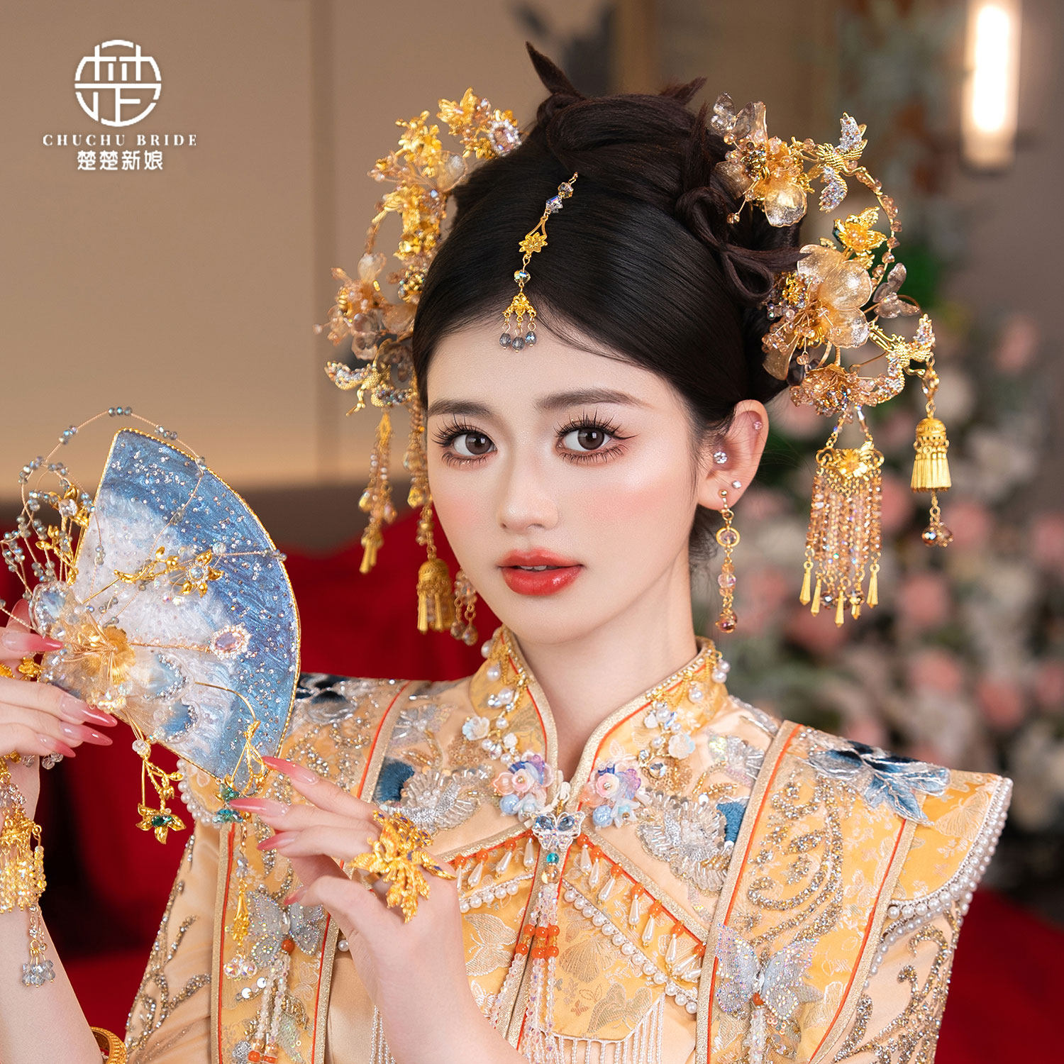 中式新娘头饰重工古风发饰手工花朵流苏额饰婚礼秀禾服发簪百搭款