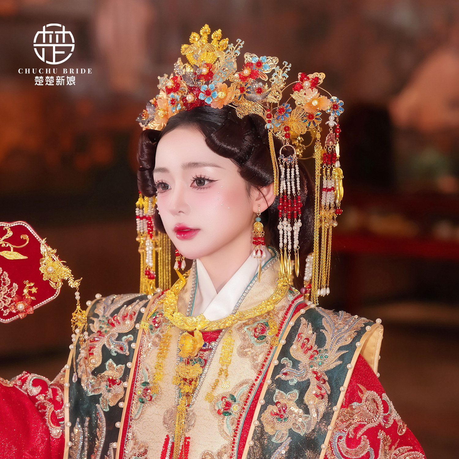新款中式婚礼合金串珠凤冠古装发饰复古汉服传统秀禾手工头饰品