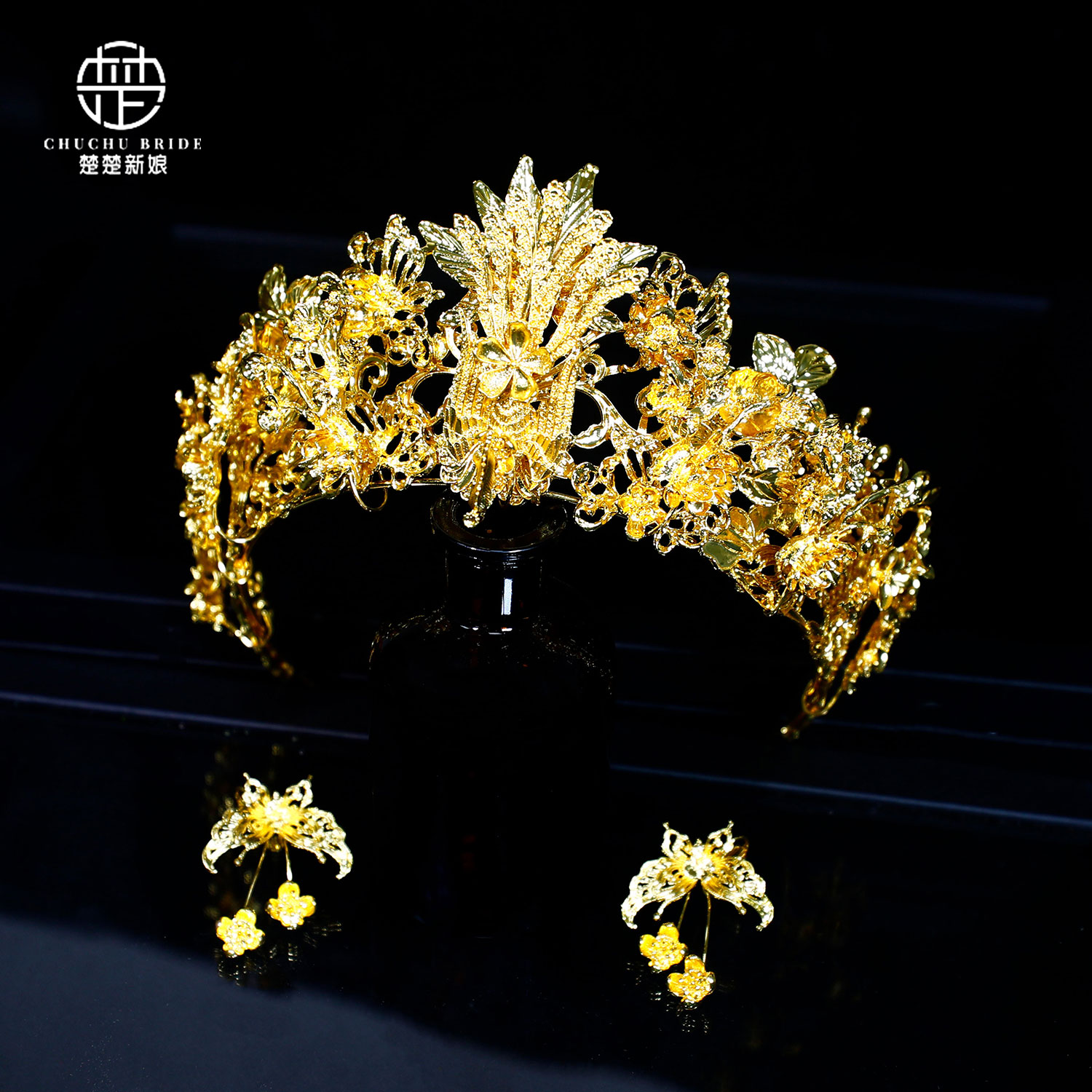 全金色凤冠耳夹头饰端庄大气中式婚礼龙凤褂金冠简约结婚秀禾头饰