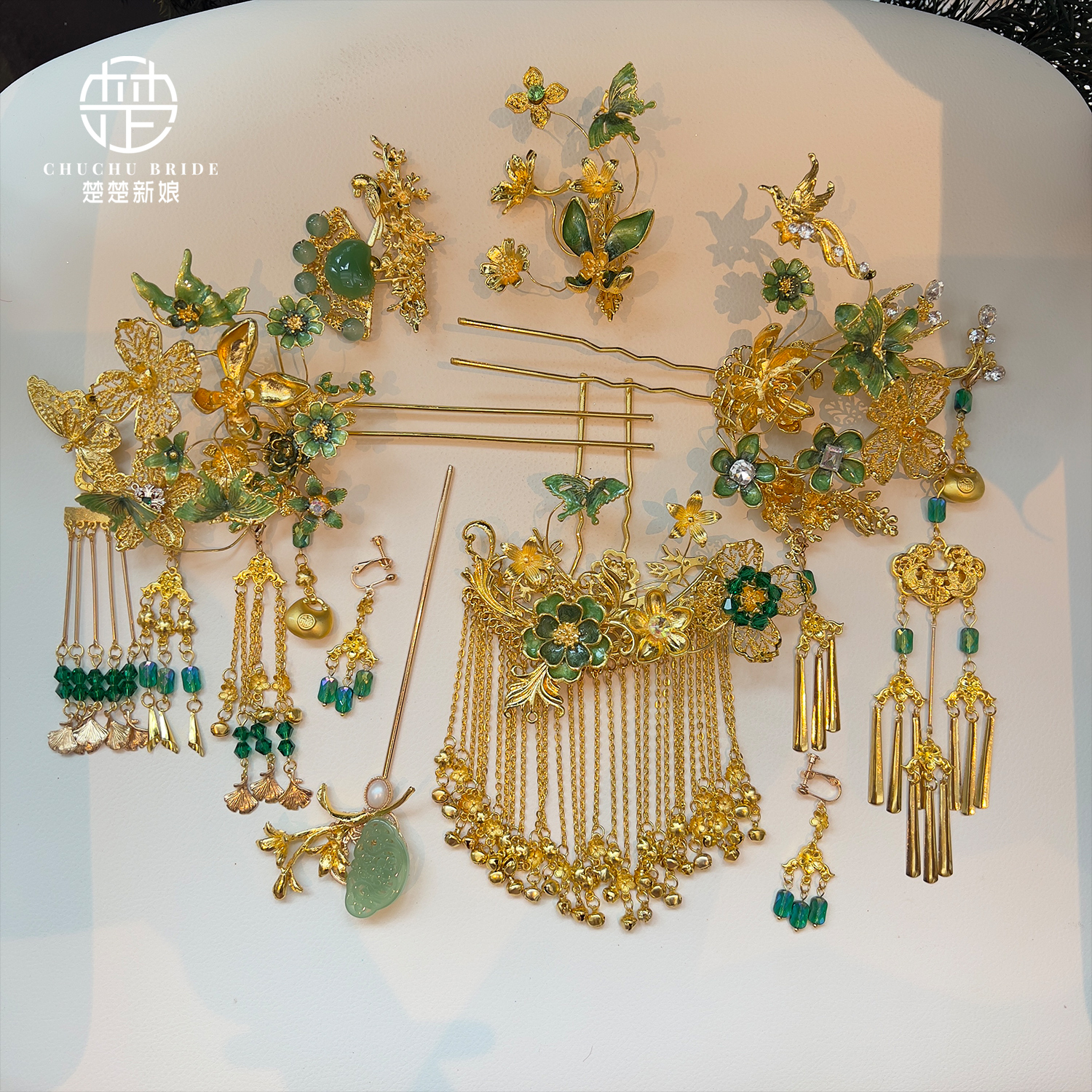 新娘国风古典头饰金绿色花朵发簪龙凤褂晨袍礼服秀禾服发饰品