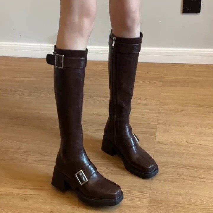 皮带扣长筒靴女粗跟骑士靴瘦瘦靴不过膝机车靴黑色时装靴