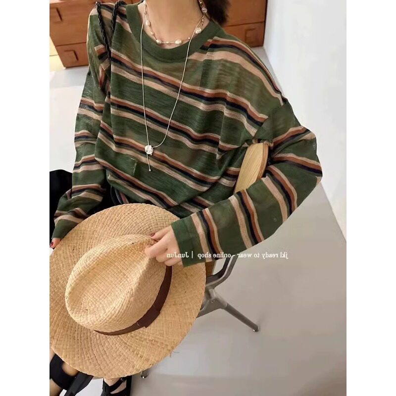 冰丝条纹防晒罩衫女2025新款夏季松弛感长袖T恤撞色超火减龄上衣