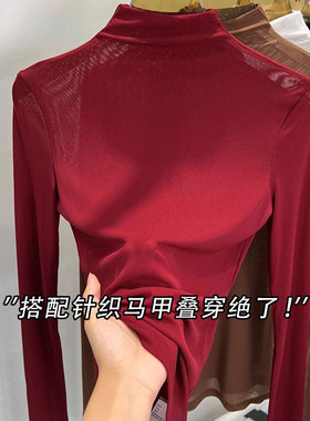 安可拉红色网纱打底衫女2025新款秋冬修身内搭半高领蕾丝长袖T恤