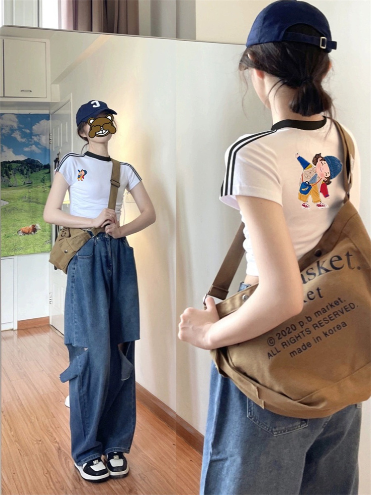 美式撞色拼接正肩短袖T恤女夏季设计感掐腰修身显瘦短款百搭上衣
