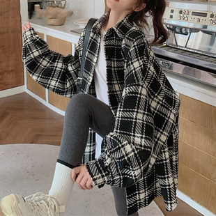 中长款磨毛格子衬衫女款2025新款秋季流行风格遮屁股慵懒衬衣外套