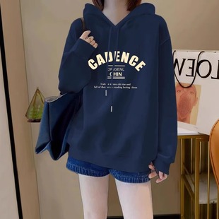 宽松长袖 宝蓝色连帽卫衣女装 字母印花中长款 穿搭美式 上衣 2025秋季