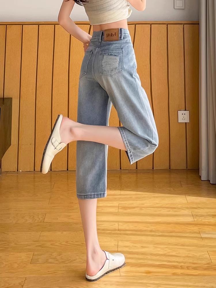 浅色破洞七分裤女直筒牛仔短款夏季新款高腰显瘦休闲百搭阔腿中裤