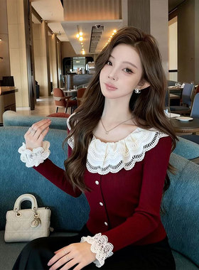 感新年红色针织衫秋冬2026新款感独蕾丝拼接减龄毛衣0115k