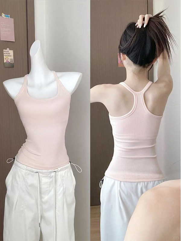 粉色U领工字吊带背心女2026夏季新款带胸垫美背修身显瘦无袖上衣