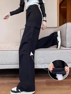 黑色天鹅绒工装裤女性秋季服装2025新美国登山裤小高腰直阔腿裤