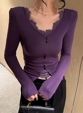 紫色v领蕾丝拼接打底衫女秋冬内搭加绒修身短款收腰欲上衣1210r