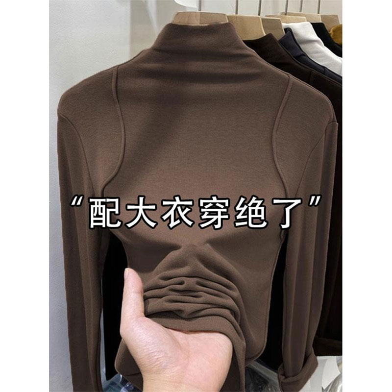 半高领磨毛打底衫女2025冬季新款美拉德修身内搭加厚T恤上衣1210r