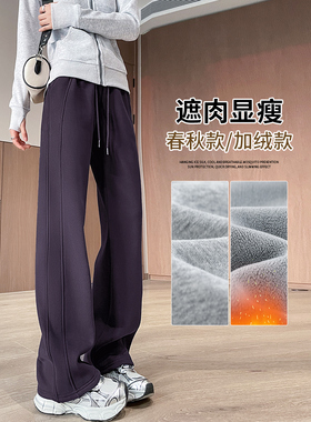 紫色丝绒秋冬女运动裤高腰纤细休闲直筒香蕉裤加粗窄阔腿运动裤