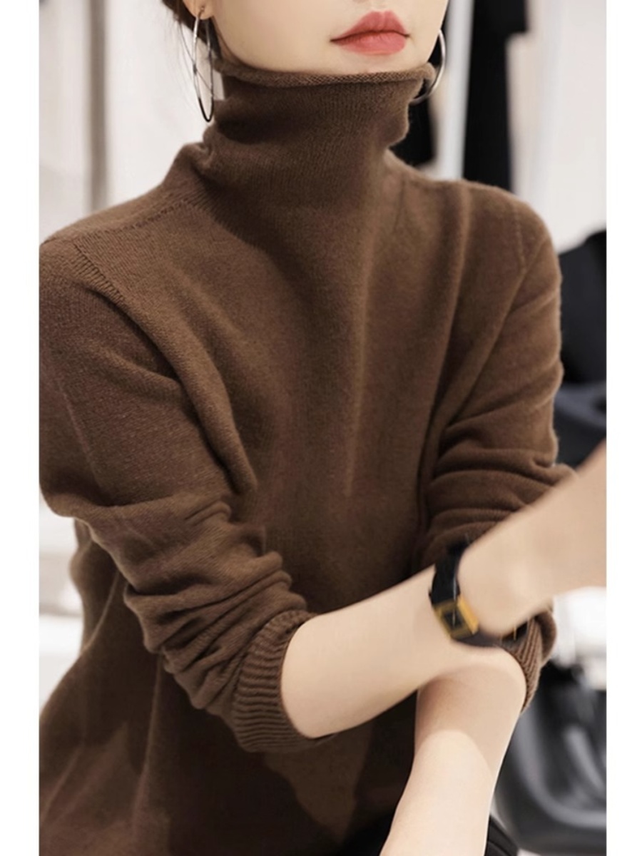 咖色高领针织衫女装2025秋装新款洋气内搭打底衫美拉德堆堆领上衣