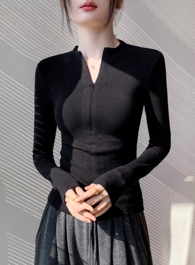 感黑色半拉链长袖T恤秋冬2026新款辣妹修身内搭打底衫上衣0115k