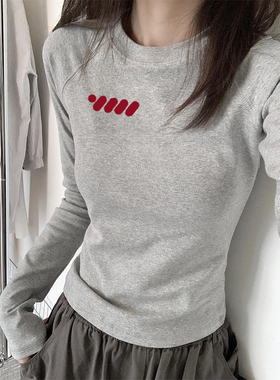 灰色纯棉圆领长袖T恤女装2025春季新款安可雷穿搭修身内搭打底衫