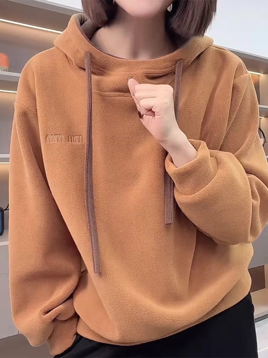 天鹅绒连帽运动衫妇女冬季2025新美拉德双面天鹅绒宽松暖套头夹克