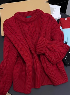 新年穿搭红色花毛衣秋冬2026新款慵懒感宽松加厚针织上衣0115k