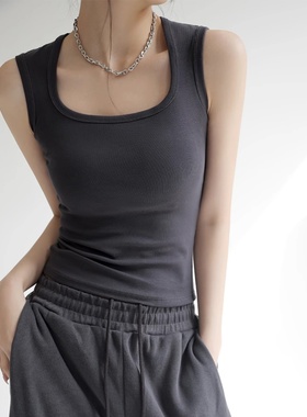 灰色工字吊带背心女西装内搭夏季外穿遮副乳宽肩带纯欲风方领上衣