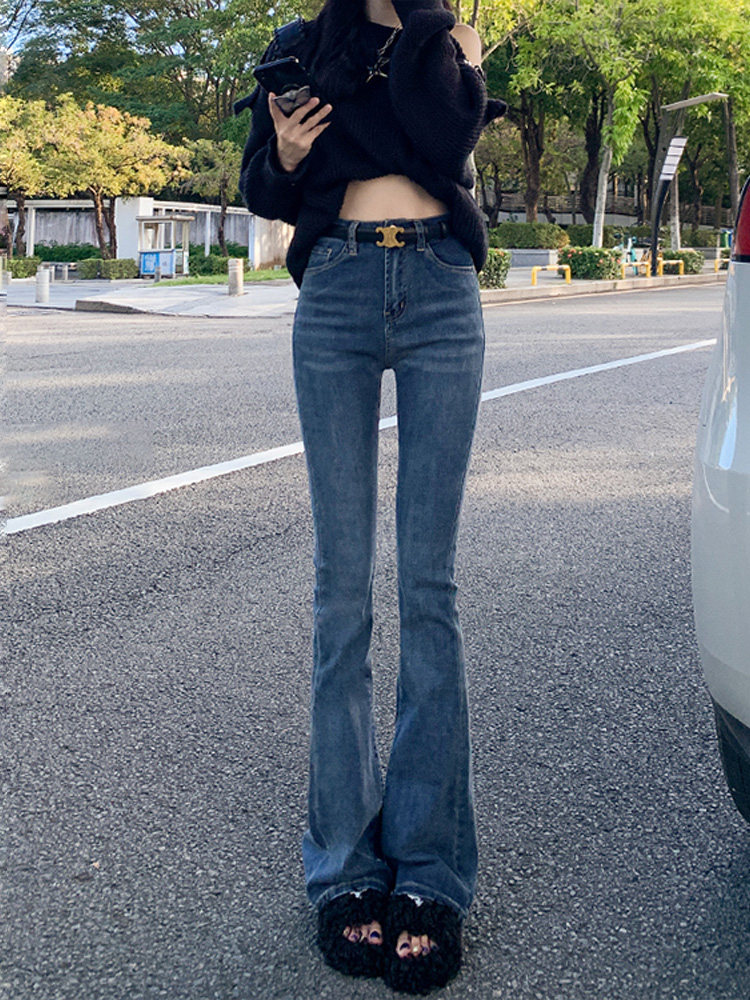 高腰微喇牛仔裤秋冬女2024新款小个子修身加绒弹力拖地阔腿马蹄裤