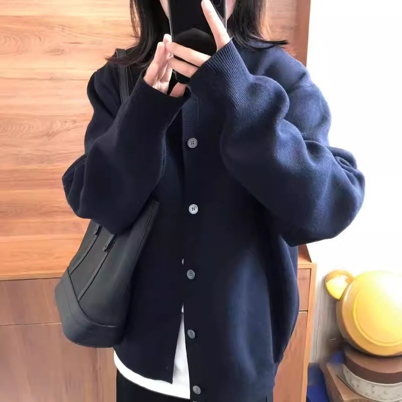 藏青色针织开衫外套女款2025秋季穿搭高级感宽松休闲百搭毛衣上衣