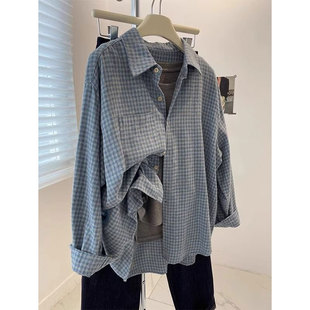 蓝色复古磨毛格子衬衫女款2025新款巨好看的早秋穿搭长袖衬衣外套