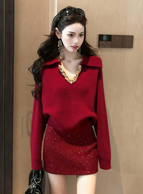 红色镶钻毛衣秋冬季2026新款独漂亮新年本命年v领上衣0115k