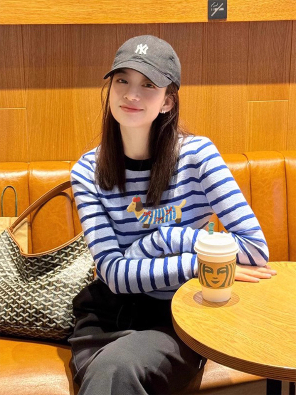 蓝色条纹纯棉长袖t恤女2025巨好看的早秋穿搭韩系打底衫内搭上衣