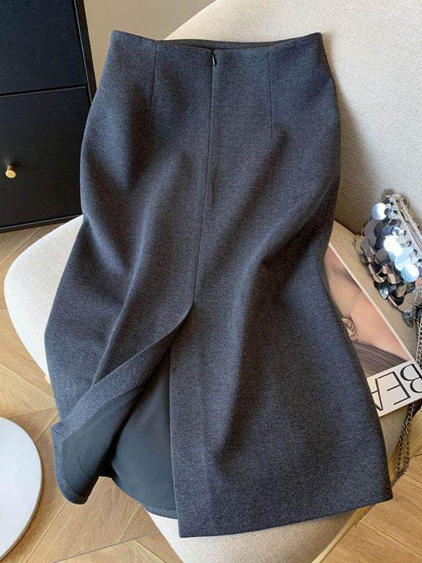 灰色毛呢半身裙2025年秋季新款女装大码胖mm后开叉通勤西装包臀裙