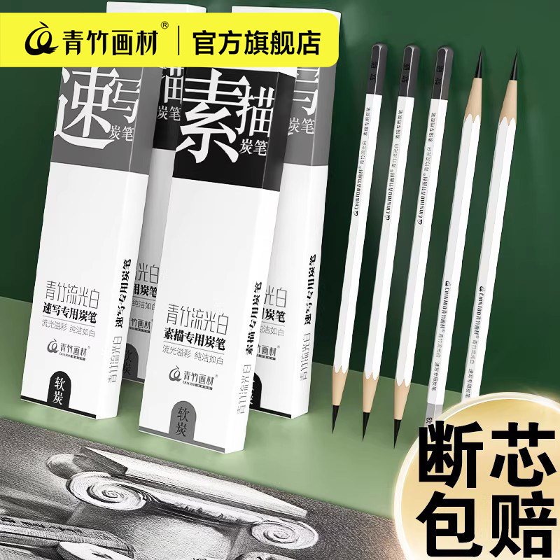 青竹流光白炭笔素描铅笔绘画炭笔美术生专用碳笔初学者绘画素描工具套装速写专用笔2B软中硬素描笔软碳笔