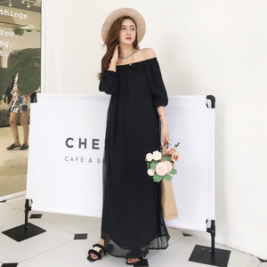 2025秋季新款女装复古黑色宽松长袖褶皱雪纺连衣裙露肩一字领长裙