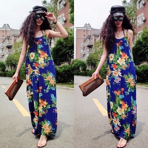 2025夏季女装新款欧美印花长裙宽松显瘦无袖吊带雪纺连衣裙沙滩裙