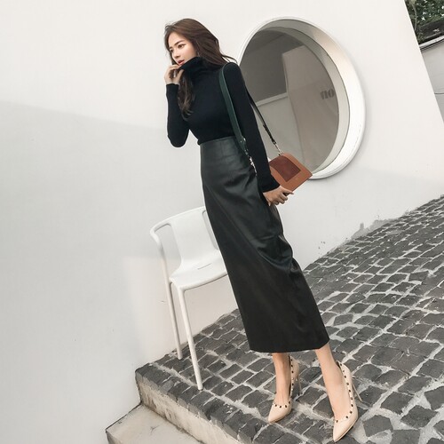 侧开叉高腰包臀裙长款皮裙半身裙