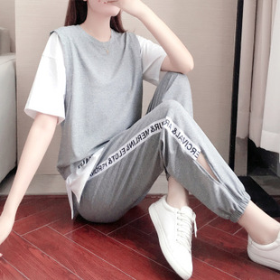 个性班服欧洲站休闲套装女夏时尚宽松洋气假两件上衣运动两件套潮